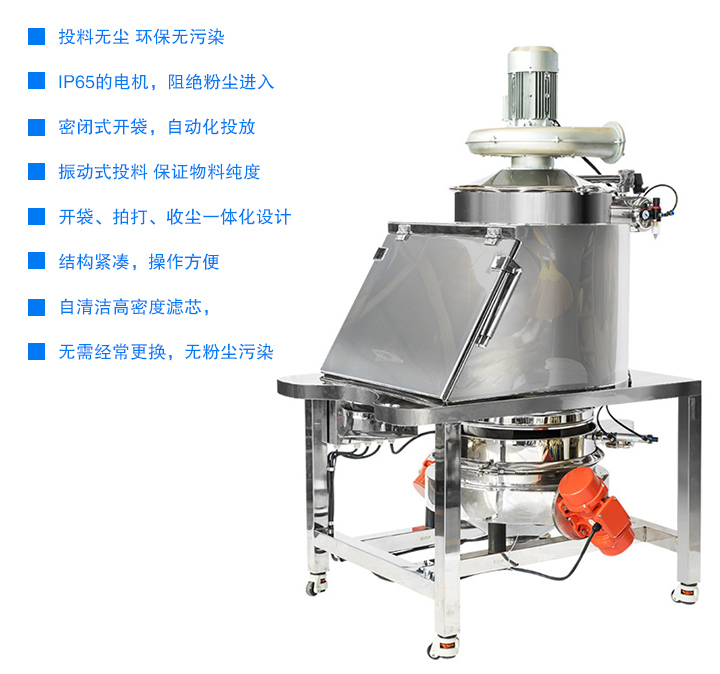 無塵投料站投料無塵 無污染,密閉式開袋，自動化投放,開袋、拍打、收塵一體化設計，結構緊湊，操作方便,用噴射式自清潔高密度濾芯，無需經常更換 